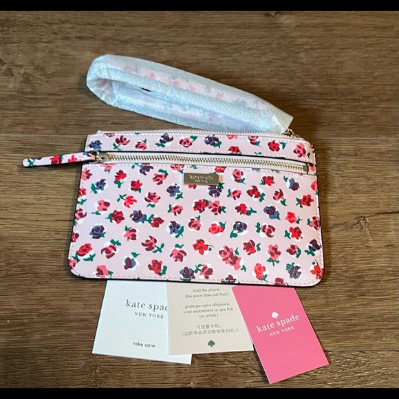 KATE SPADE-NWT Pink Leather Floral Wristlet - Picture 8 of 13